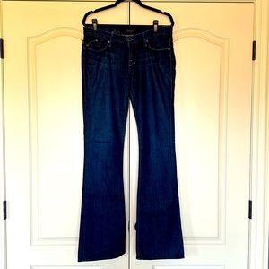 Rock & Republic low rise, flare jean. Dark blue, purple stitching. 35” inseam.